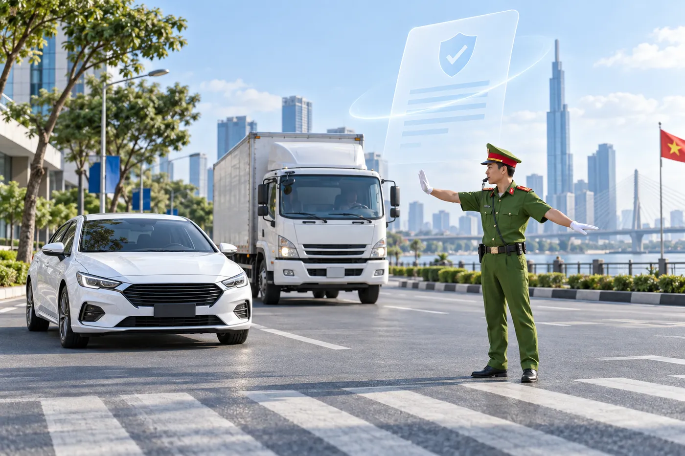 Cảnh sát giao thông điều tiết tại ngã tư, xe con và xe tải đang lưu thông đúng làn