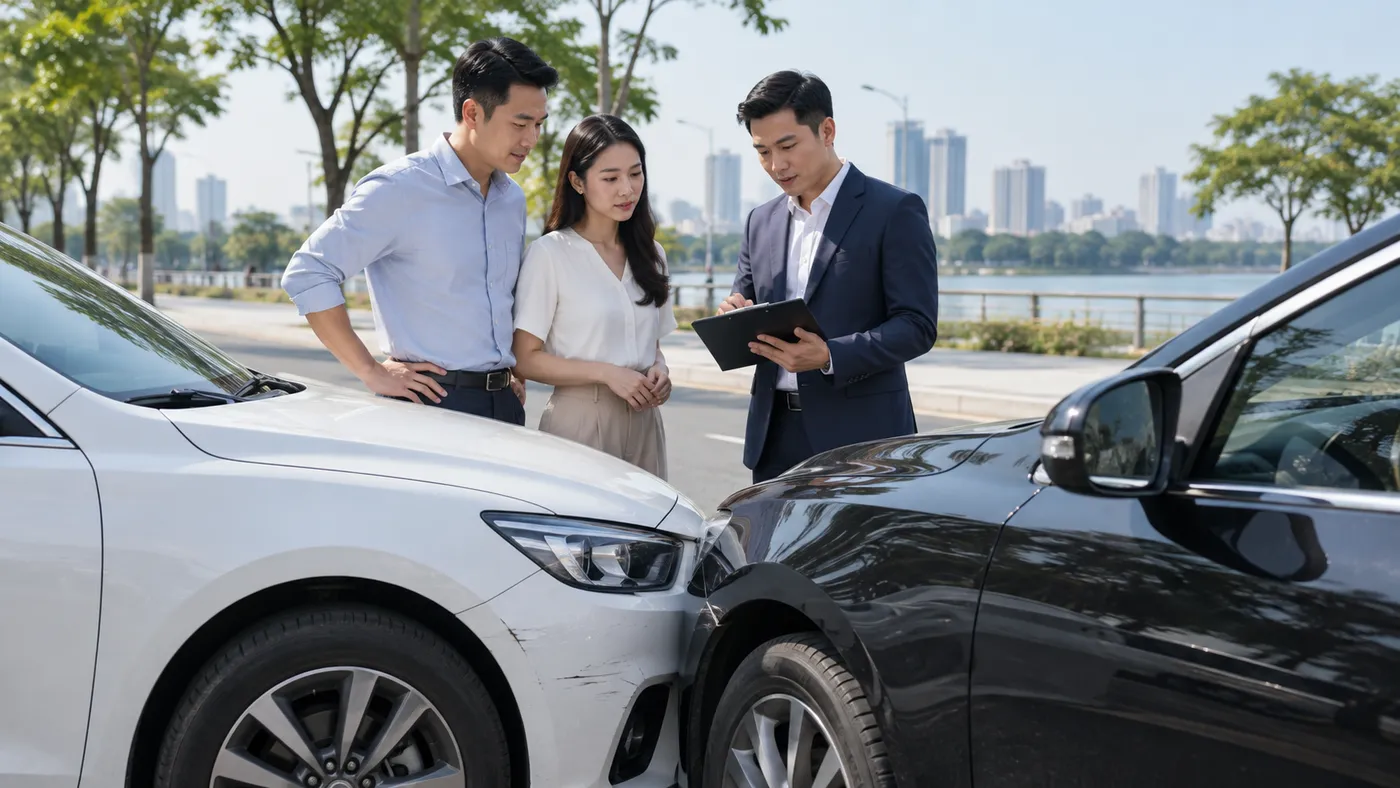 Nhân viên giám định trao đổi với hai tài xế bên cạnh hai xe vừa va chạm